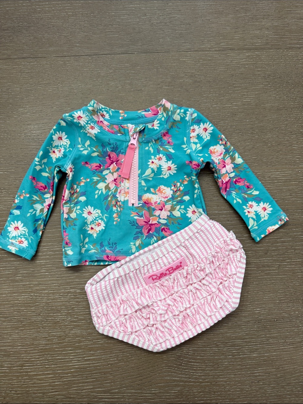 Ruffle Butts Teal & Pink Floral Long-Sleeve Rash Guard Set